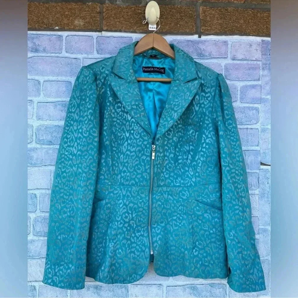 Pamela McCoy Turquoise Cheetah Leopard Print 100% Leather Full Zip Jacket medium